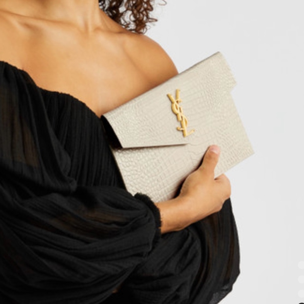 Yves Saint Laurent Cream Crocodile-Embossed Wristlet